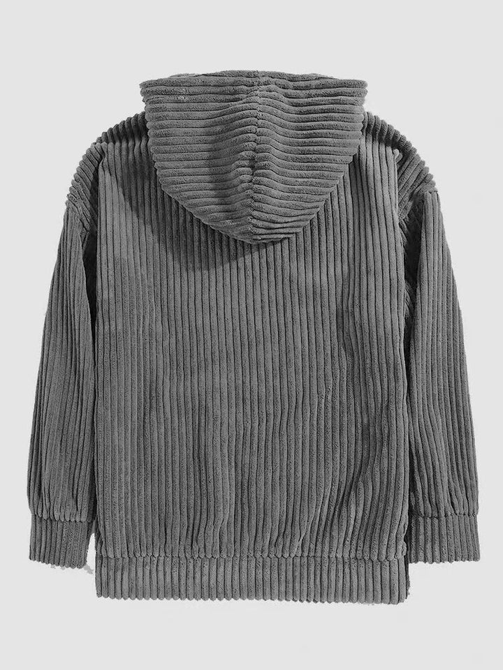 Back view of Summit Corduroy Hoodie showcasing its premium ribbed texture and cozy hood in a relaxed fit.