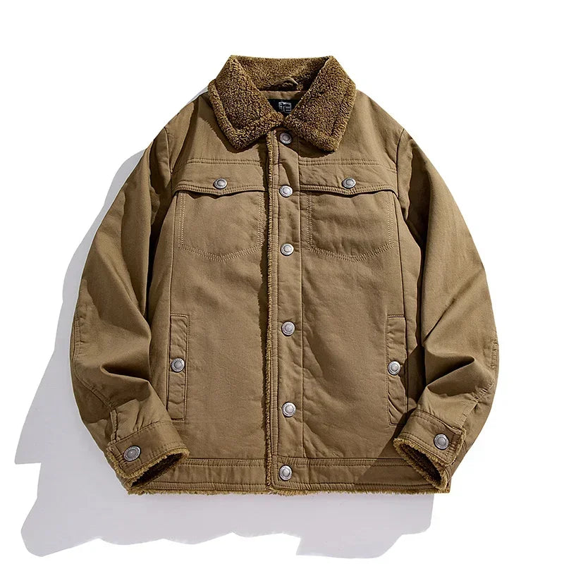 Bastion polar fleece jacket in brown with sherpa collar, wind-resistant outer shell and button-up front for extreme cold protection.