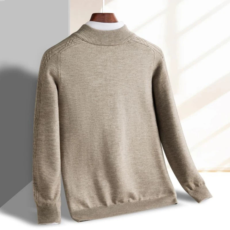 Windsor quarter-zip knitted sweater in beige, featuring a slim-fit design and textured diagonal pattern, ideal for business casual wear.