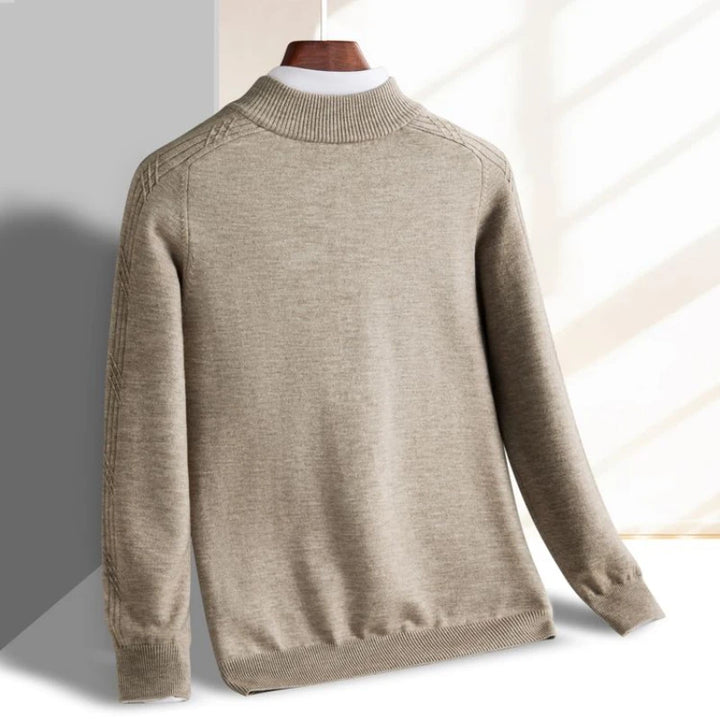 Windsor quarter-zip knitted sweater in beige, featuring a slim-fit design and textured diagonal pattern, ideal for business casual wear.