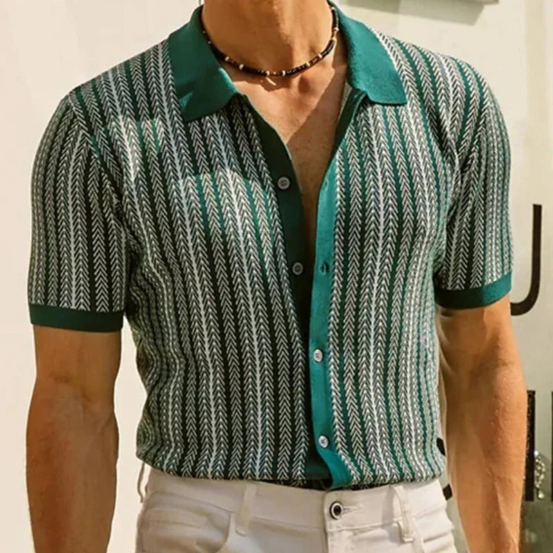 Beaumont men's button-up shirt in green with vintage herringbone stripes, designed for comfort and style.