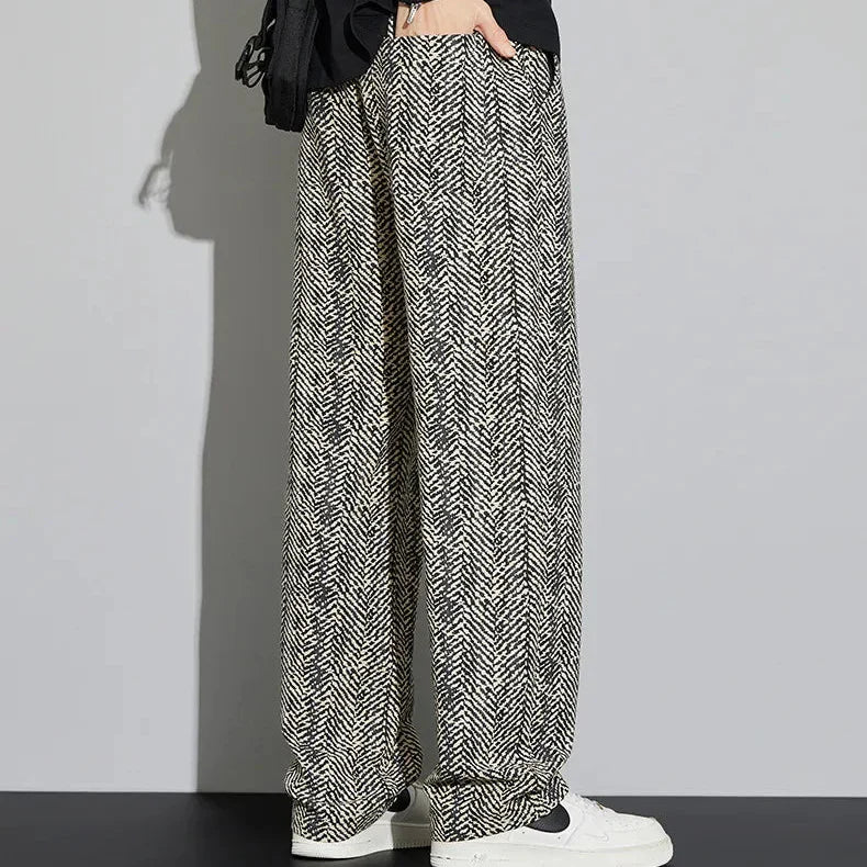 Lennox Cotton Linen Pants featuring a woven herringbone texture in a relaxed fit and adjustable waist for all-season comfort.