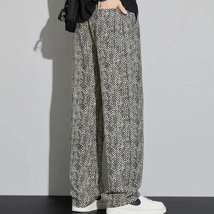 Lennox Cotton Linen Pants featuring a woven herringbone texture in a relaxed fit and adjustable waist for all-season comfort.