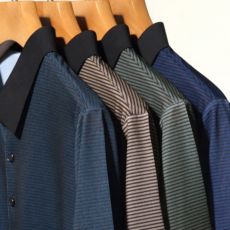 Eden Striped Polo collection featuring bold contrast collars and micro-stripe textures on stylish hangers.