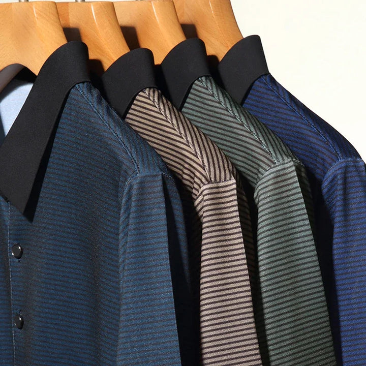 Eden Striped Polo collection featuring bold contrast collars and micro-stripe textures on stylish hangers.