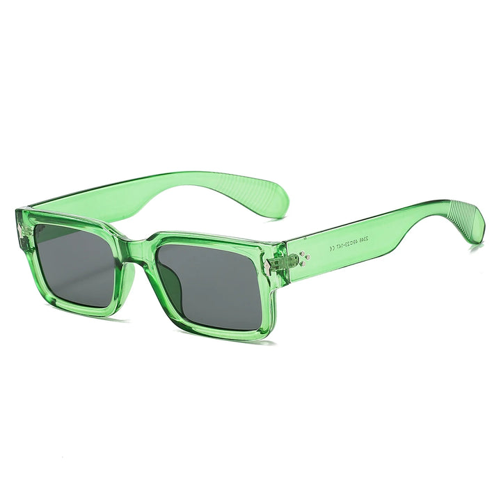 Green square-frame sunglasses with dark lenses, showcasing a stylish modern design.