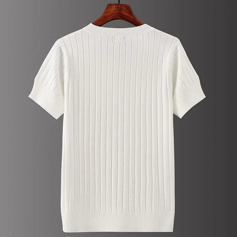Evren Men's Ribbed V-Neck Tee in white, featuring sculpted ribbed texture and short tailored sleeves.