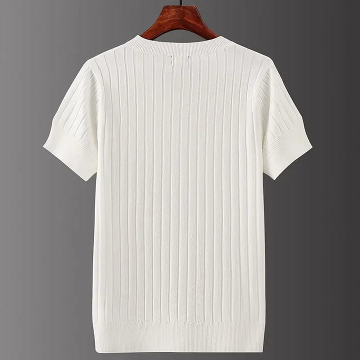 Evren Men's Ribbed V-Neck Tee in white, featuring sculpted ribbed texture and short tailored sleeves.