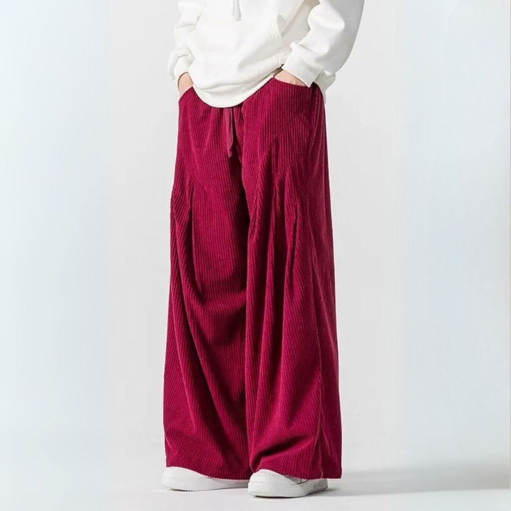 Hollis corduroy pants in bold burgundy with wide-leg design, deep pleats, and an elastic waistband.