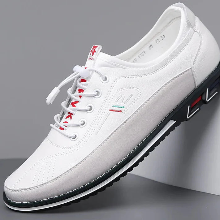 Bexley Men's Comfort Sneakers: White leather lace-up shoes with padded collar and toggle closure for all-day comfort.