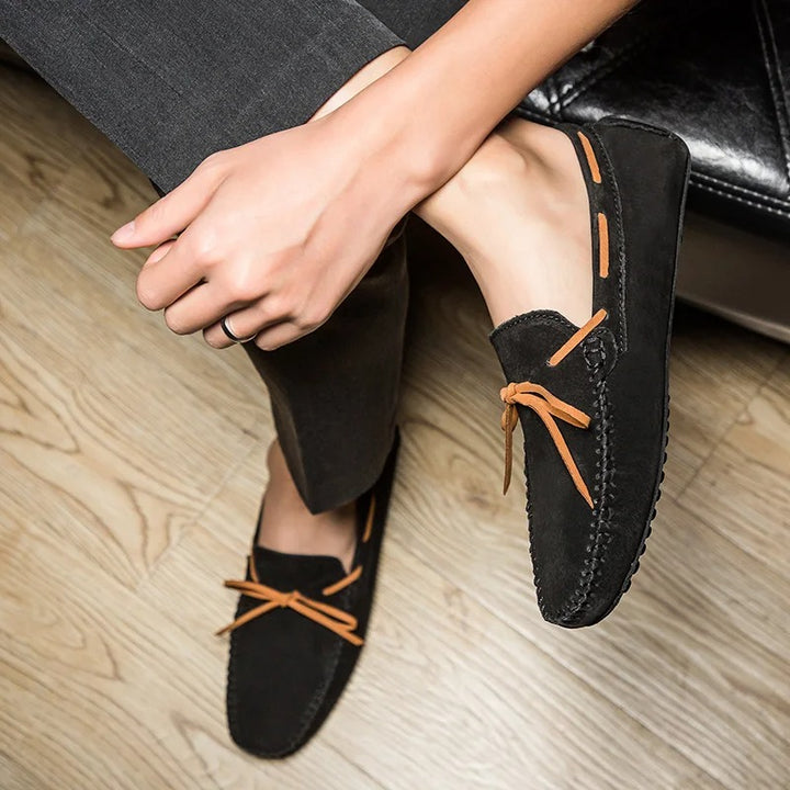 Monte Carlo genuine suede loafers featuring hand-stitched details and premium leather laces in a stylish slip-on design.