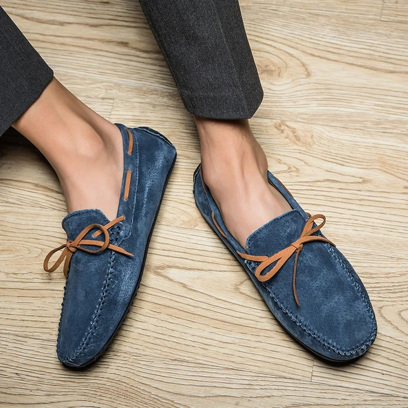 Monte Carlo genuine suede loafers in blue with premium leather laces and hand-stitched details for sophisticated comfort.