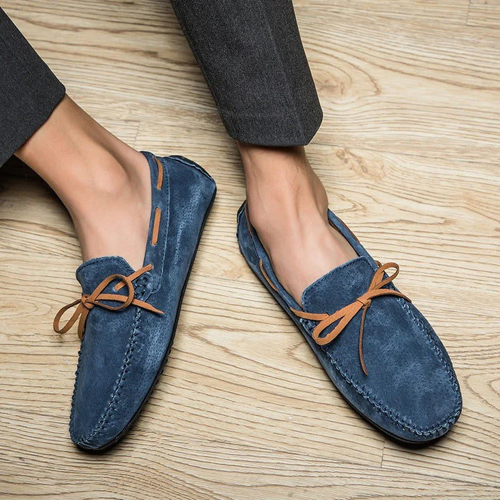 Monte Carlo genuine suede loafers in blue with premium leather laces and hand-stitched details for sophisticated comfort.