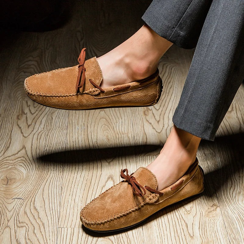 Monte Carlo Genuine Suede Loafers showcasing hand-stitched craftsmanship and premium leather laces, perfect for stylish comfort.