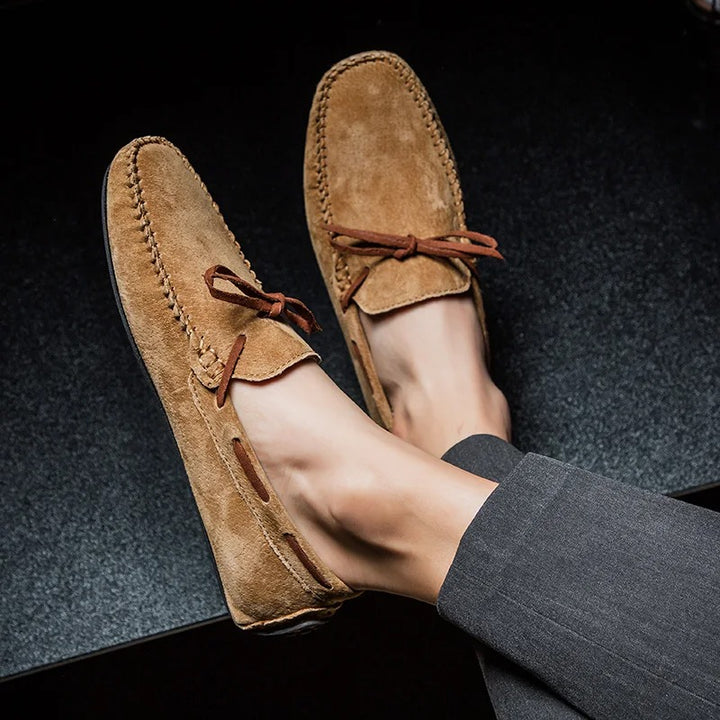 Monte Carlo genuine suede loafers featuring hand-stitched details and premium leather laces, ideal for comfort and style.