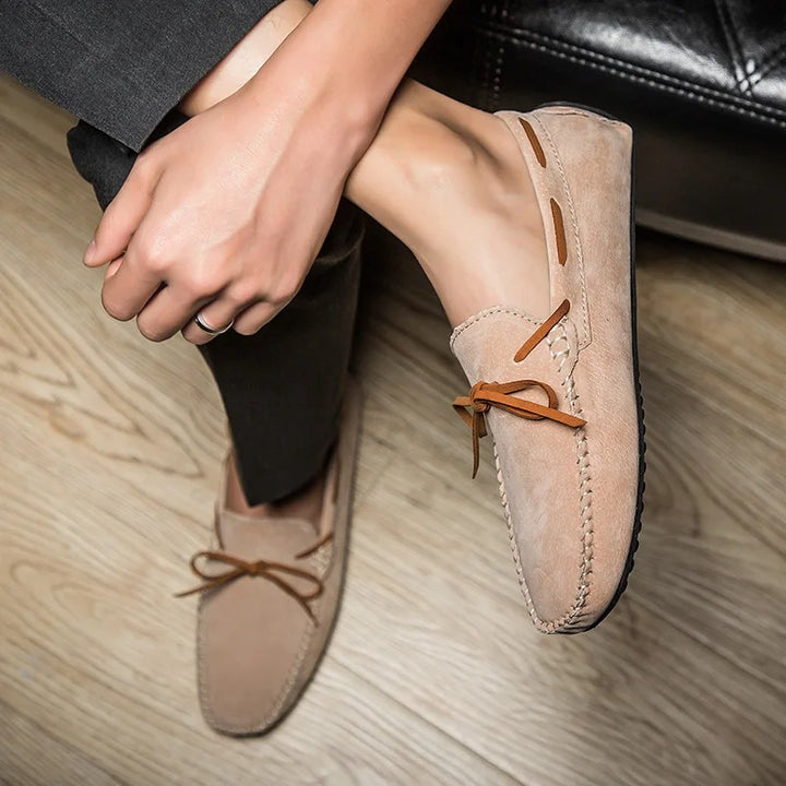 Monte Carlo genuine suede loafers with hand-stitched details and premium leather laces, showcasing comfort and style.