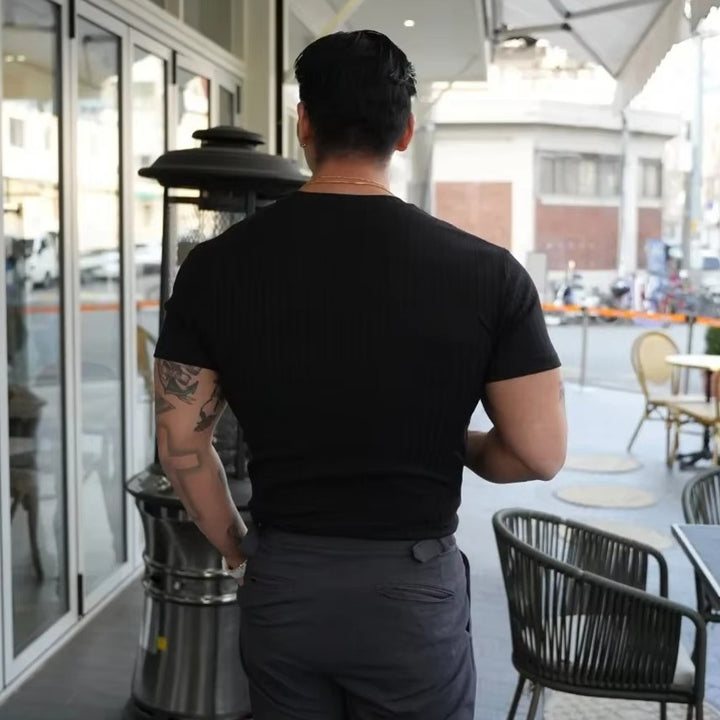Rowan Men's Flex-Fit Shirt in black, showcasing ribbed texture and tailored fit from the back.