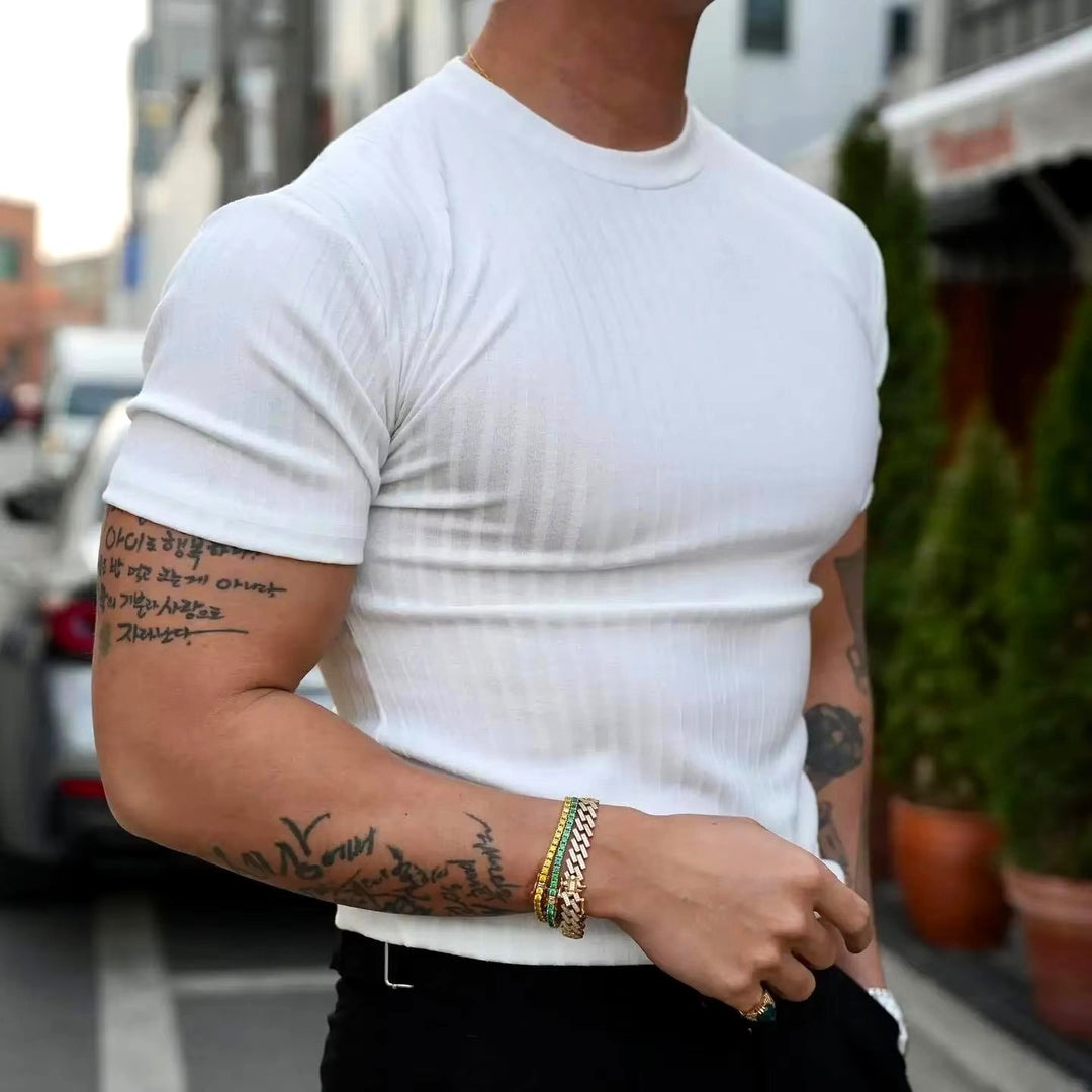 Rowan Men's Flex-Fit Shirt in white, showcasing ribbed texture and tailored fit, perfect for comfort and style.