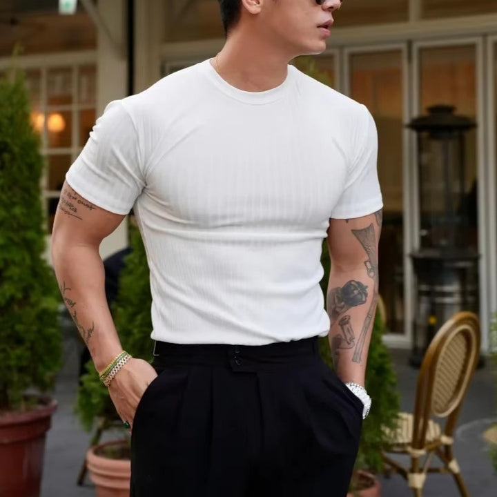 Rowan Men's Flex-Fit Shirt in white, featuring ribbed knit design and tailored fit, perfect for comfort and style.