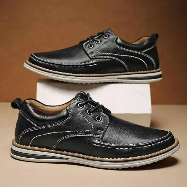 Luciano Genuine Leather Oxfords in black, featuring contrast moc toe stitching and cushioned collar for all-day comfort.