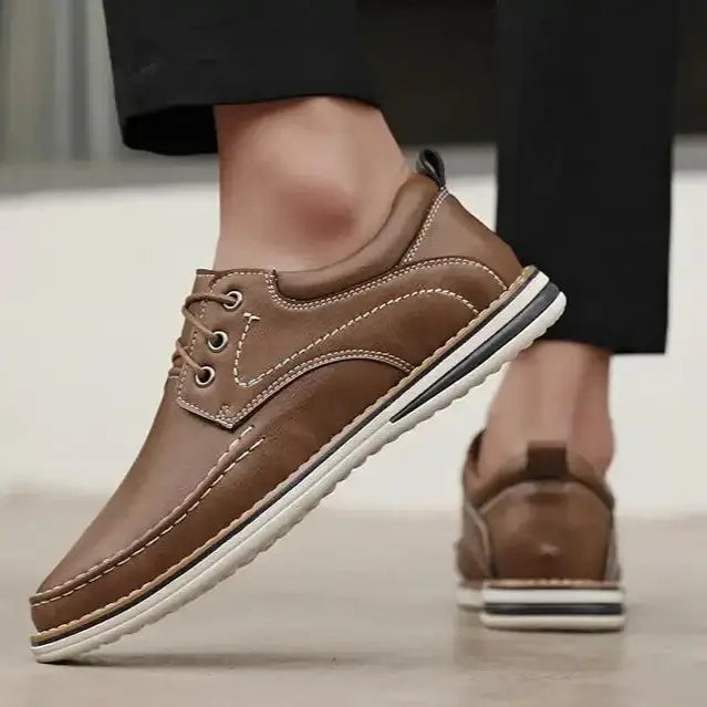 Luciano Genuine Leather Oxfords in brown, showcasing lace-up design with contrast stitching and cushioned collar.