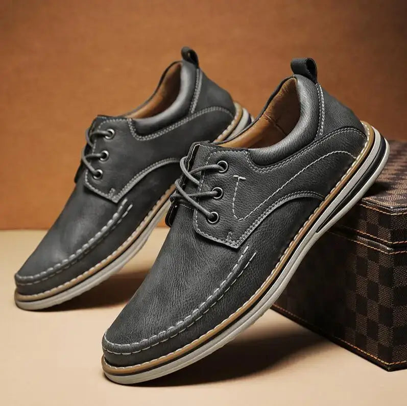 Luciano Genuine Leather Oxfords in gray, featuring contrast moc toe stitching and a cushioned collar for comfort.