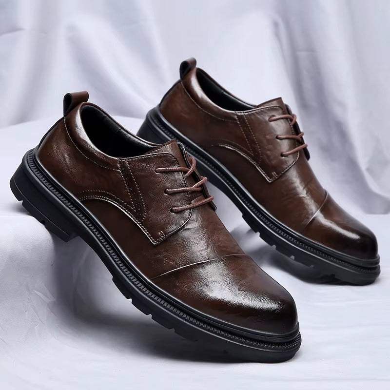 Soren genuine leather shoes with lace-up design, featuring full-grain leather, cushioned insole, and durable rubber outsole.