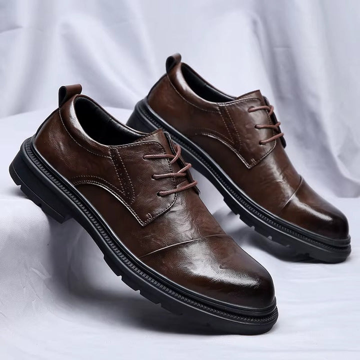 Soren genuine leather shoes with lace-up design, featuring full-grain leather, cushioned insole, and durable rubber outsole.