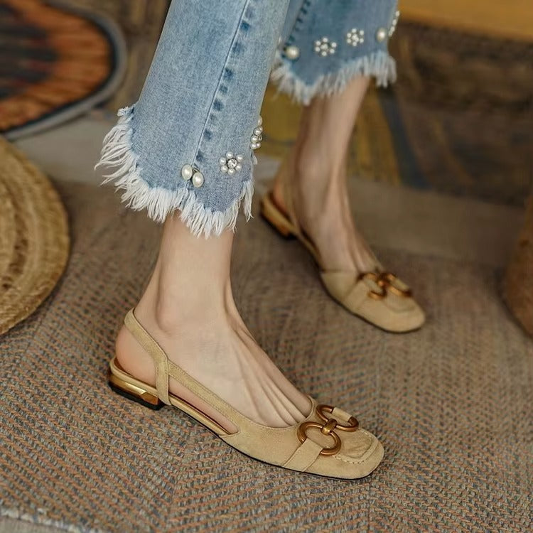 Rivena Slingback Sandals in beige with a square toe, metallic detailing, and cushioned footbed, styled with denim.