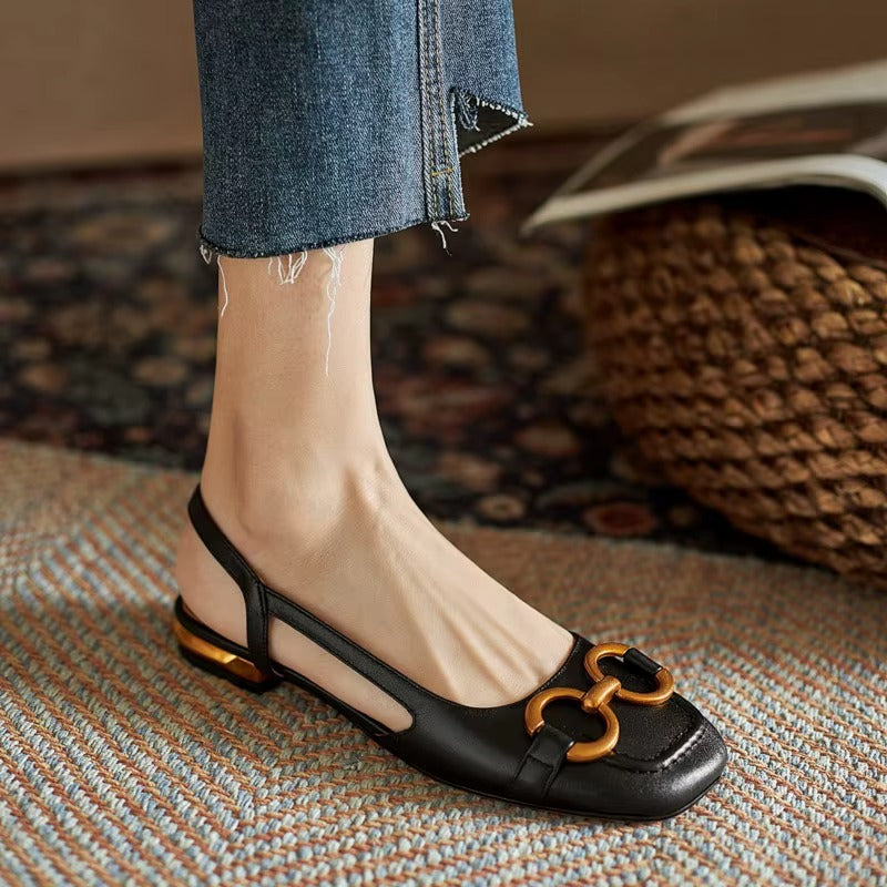 Stylish Rivena Slingback Sandals with square toe, cushioned footbed, and metallic accents for modern comfort.