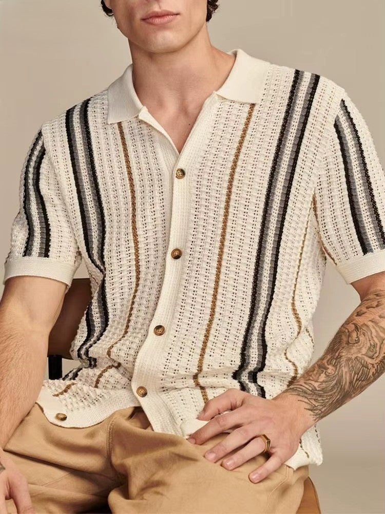 Vera Men's Knitted Shirt featuring vertical stripes and a textured knit for breathable comfort and a polished look.