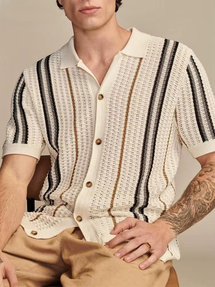 Vera Men's Knitted Shirt featuring vertical stripes and a textured knit for breathable comfort and a polished look.