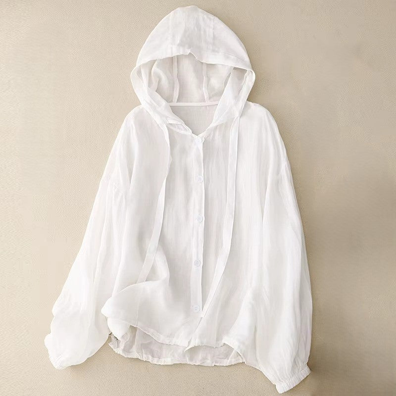 Calypso Coast Linen Hoodie in breathable white cotton-linen blend with adjustable drawstring and button-up front.