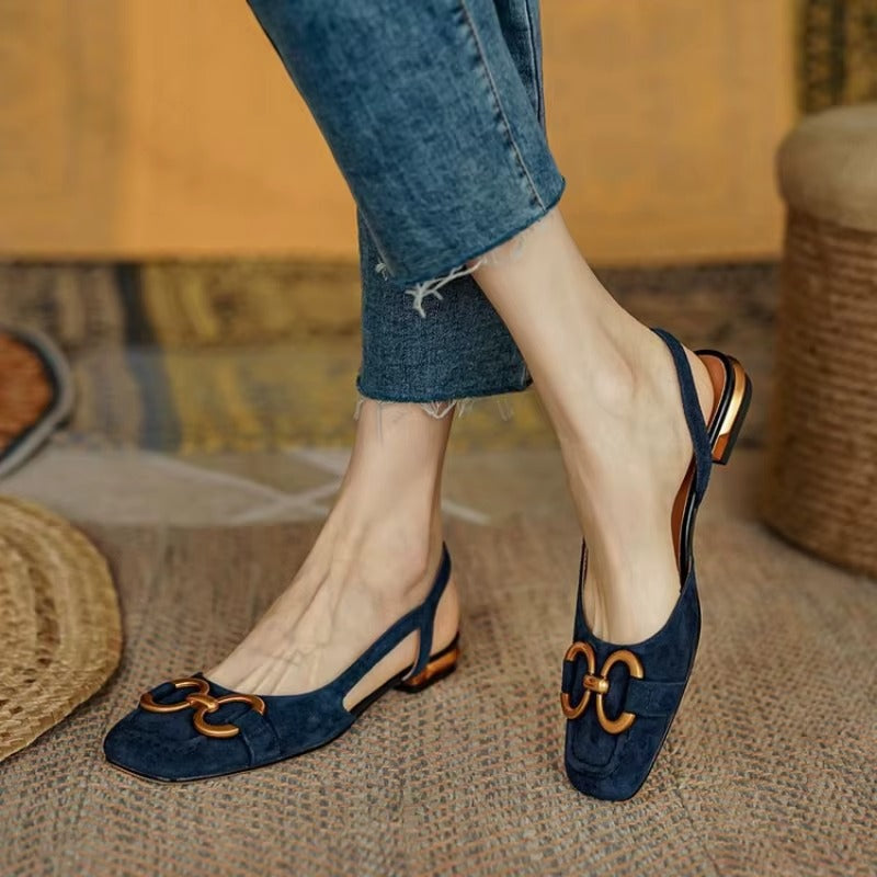 Rivena Slingback Sandals in navy with metal bit accent, showing structured square toe and cushioned footbed for comfort.