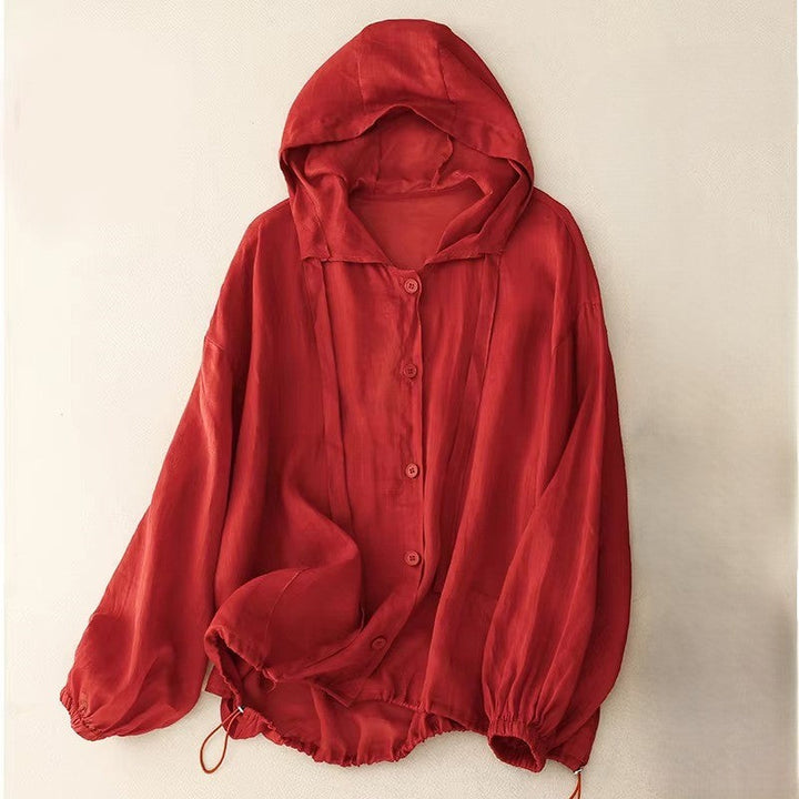 Calypso Coast Linen Hoodie in red, featuring a hood, front button-up detail, and adjustable drawstring hem for a relaxed fit.