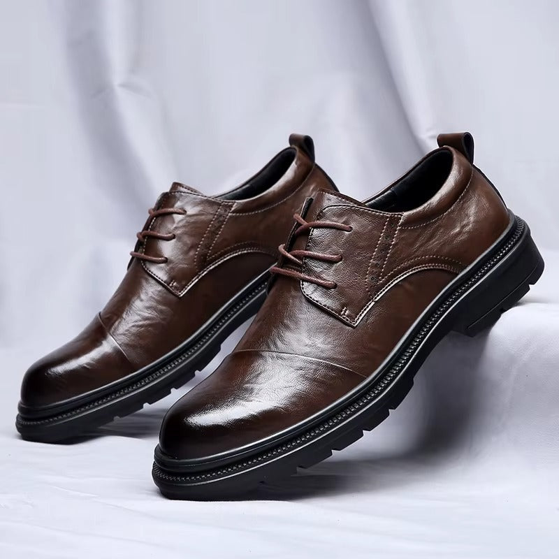 Soren genuine leather shoes in dark brown, featuring cushioned insole and durable rubber outsole for comfort and traction.
