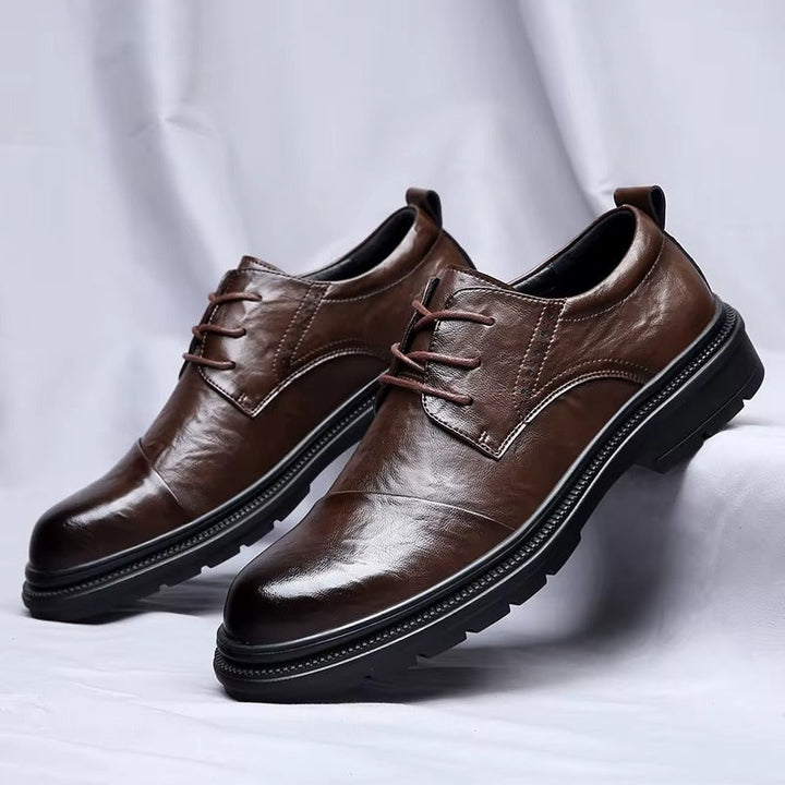 Soren genuine leather shoes in dark brown, featuring cushioned insole and durable rubber outsole for comfort and traction.