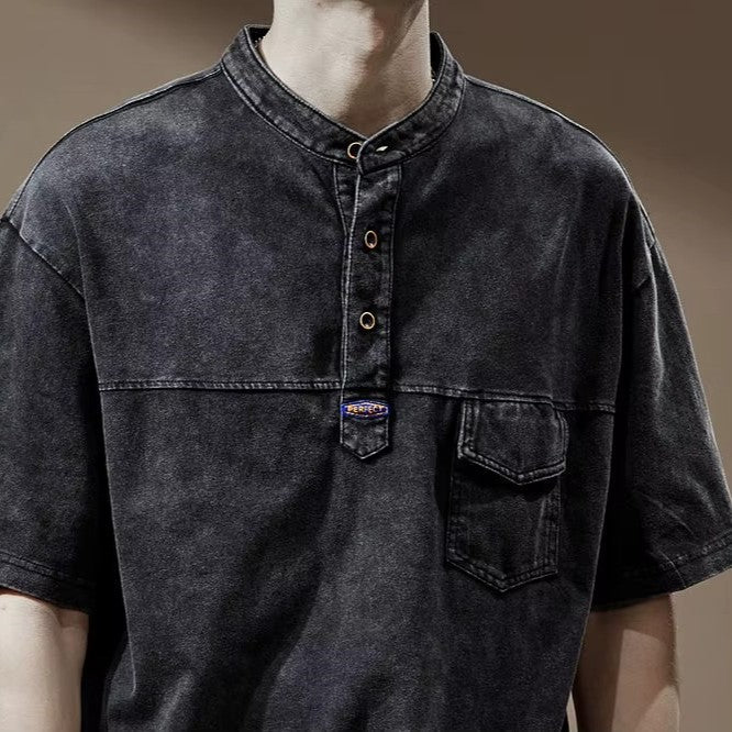 Orin Men's Faded Shirt featuring a mandarin collar, utility pocket, and asymmetrical button design in a vintage wash.