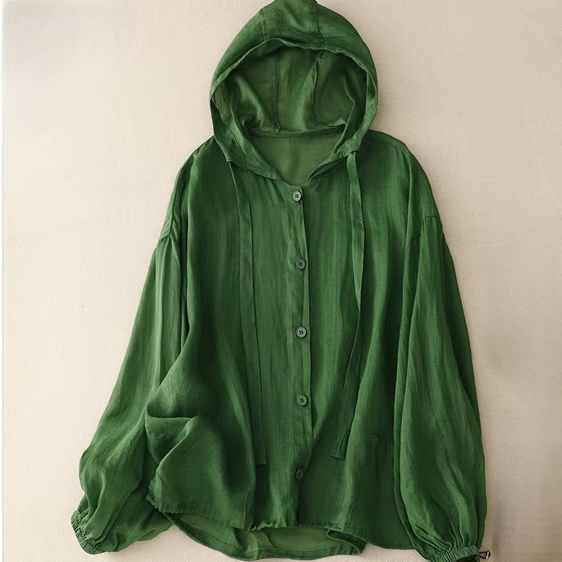 Calypso Coast Linen Hoodie in green, featuring a hood, button-up front, and adjustable drawstring for a relaxed fit.