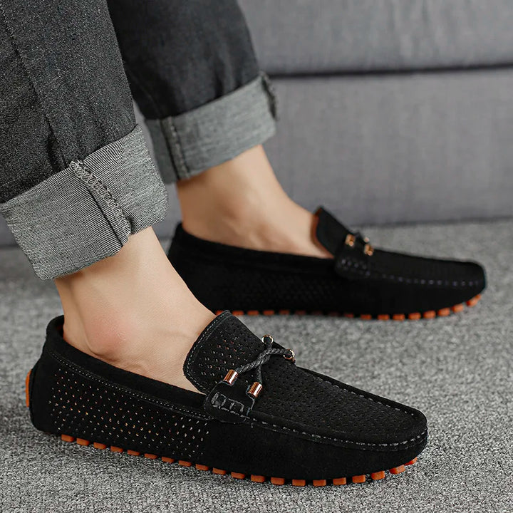 Marco Corsa Men's suede loafers in black with perforated upper and flexible driving sole, perfect for summer comfort.