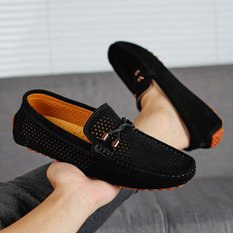 Marco Corsa Men's Suede Loafers in black with perforated upper and flexible driving sole for comfort.
