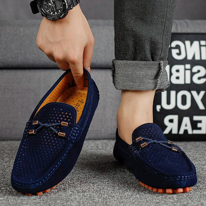 Marco Corsa Men's suede loafers in navy with perforated design and metal-tipped laces for breathable comfort.