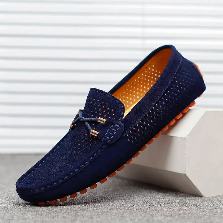 Marco Corsa Men's Suede Loafers in navy with perforated upper and metal-tipped laces for breathable comfort.