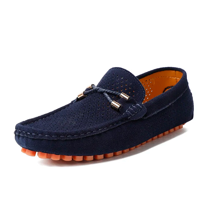 Marco Corsa Men's Suede Loafers in navy with perforated upper and metal-tipped laces for breathable comfort.