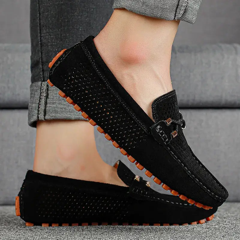 Marco Corsa men's suede loafers, breathable perforated design, flexible driving sole, stylish and comfortable slip-ons.