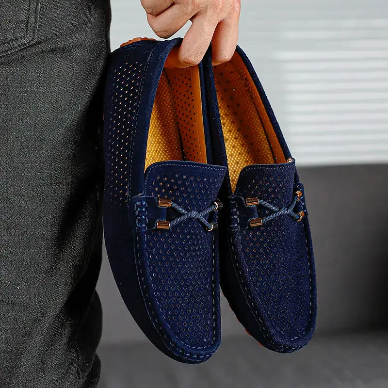 Marco Corsa men's blue suede loafers, featuring breathable perforated design and contrast stitching for comfort.