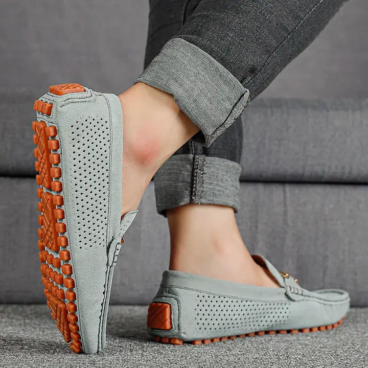 Marco Corsa men's suede loafers featuring a breathable perforated design and flexible driving sole.