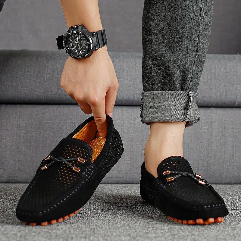 Marco Corsa men's suede loafers featuring breathable perforated design and flexible driving sole.