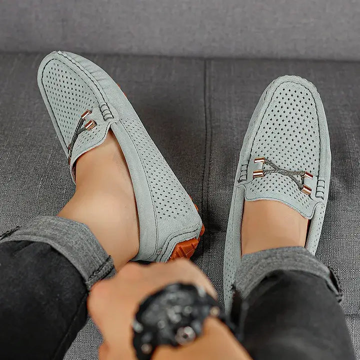 Marco Corsa men's gray suede loafers with perforated upper and metal-tipped laces, designed for comfort and style.