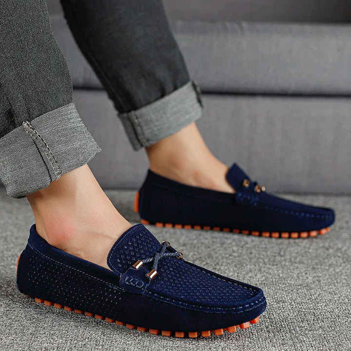 Marco Corsa Men's Suede Loafers in navy with perforated upper and flexible sole, ideal for summer comfort.